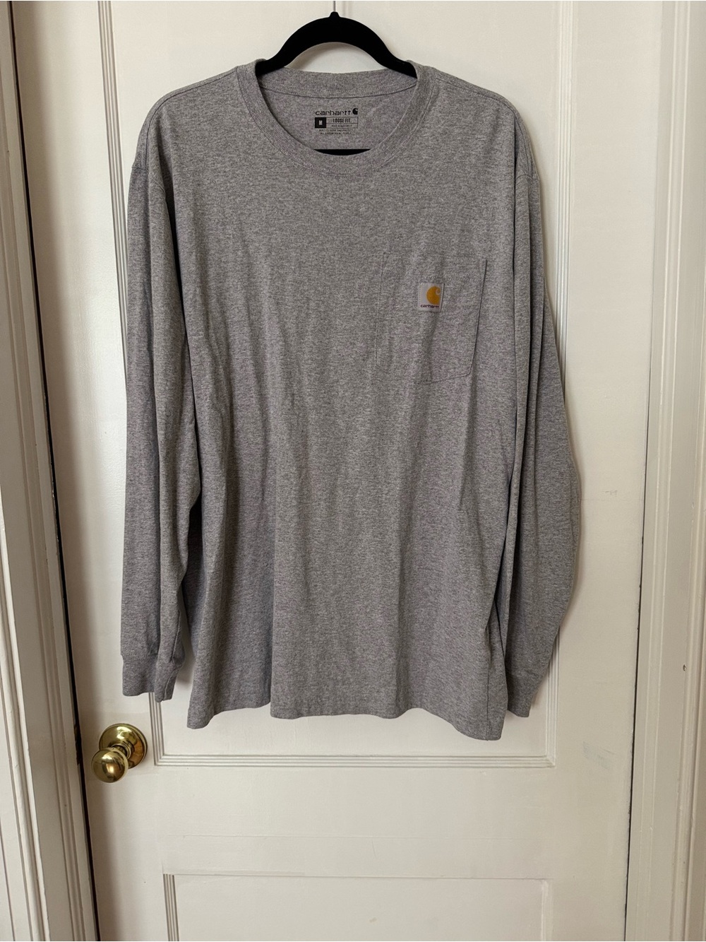 Gray crew neck Carhartt heavyweight long-sleeve pocket t-shirt